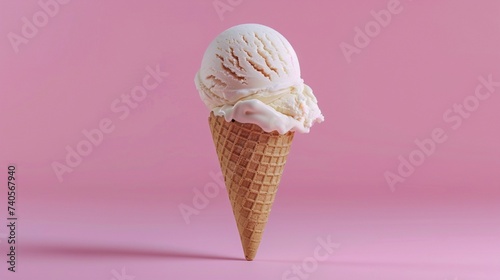 Tempting scoops of smooth vanilla ice cream nestled in a crispy cone, set against a pure pink background
