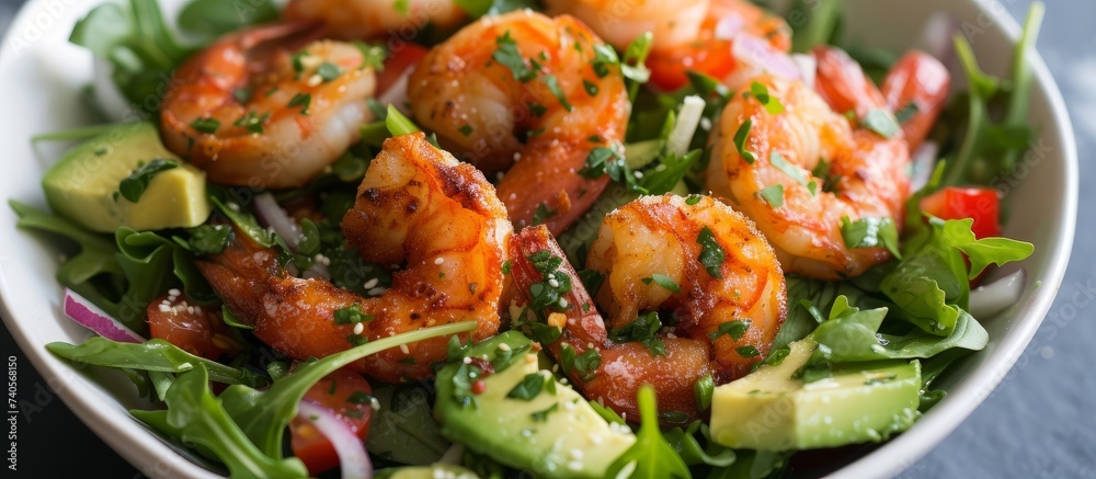 Delicious shrimp salad with ripe avocados and fresh tomatoes in a vibrant bowl Delicious shrimp salad with ripe avocados and fresh tomatoes in a vibrant bowl
