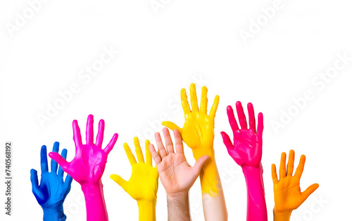 raised hands painted in colorful and vibrant paints isolated on white background