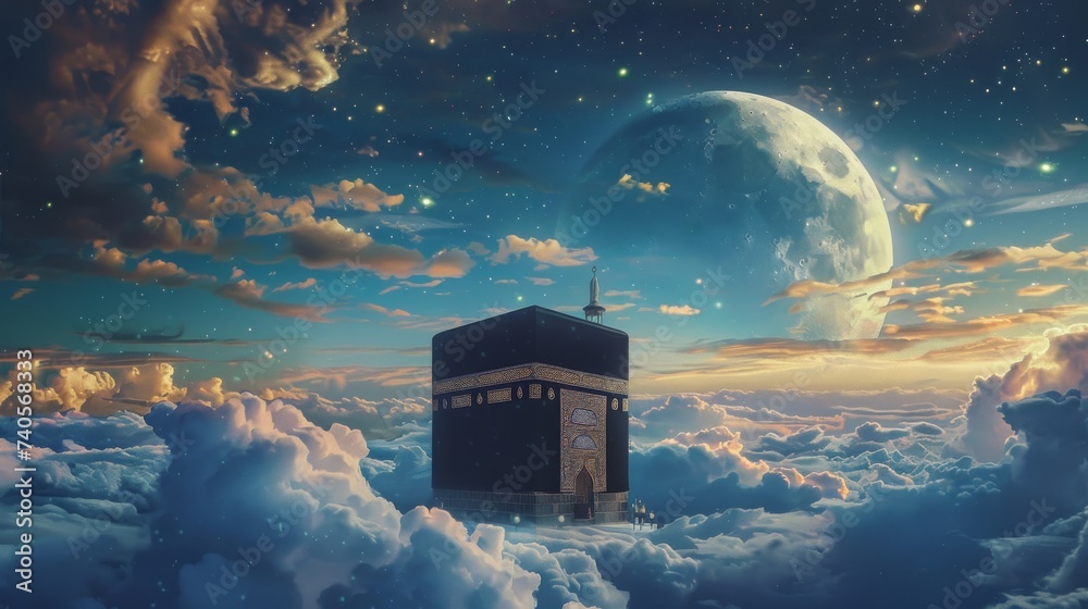 Kaaba with the moon above the clouds - obrazy, fototapety, plakaty 
