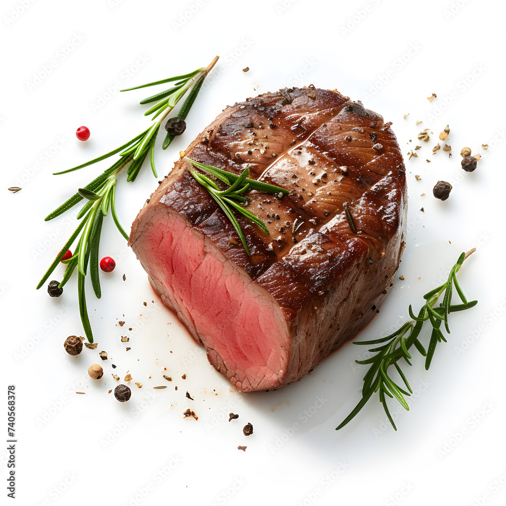 Roasted beef tenderloin steak with rosemary and coarse pepper isolated on white background Roasted beef tenderloin steak with rosemary and coarse pepper isolated on white background