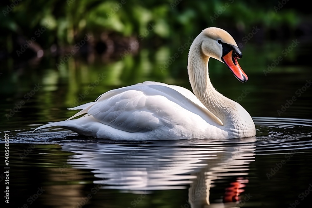 Fototapeta premium Gros plan sur un cygne blanc se baladant sur l'eau » IA générative
