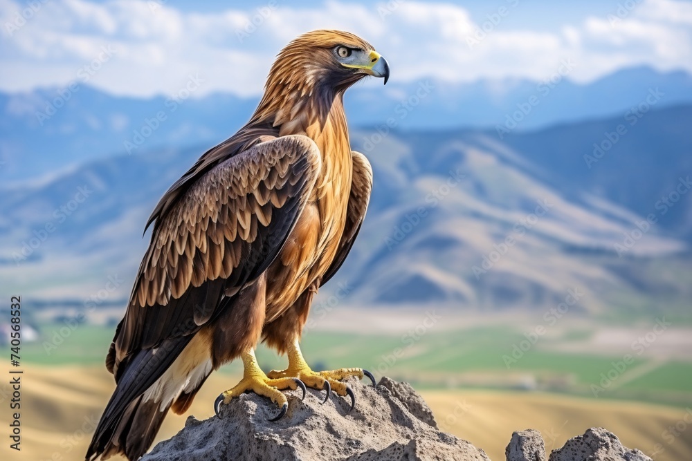Fototapeta premium Un aigle royal posé sur un rocher dans la montagne » IA générative
