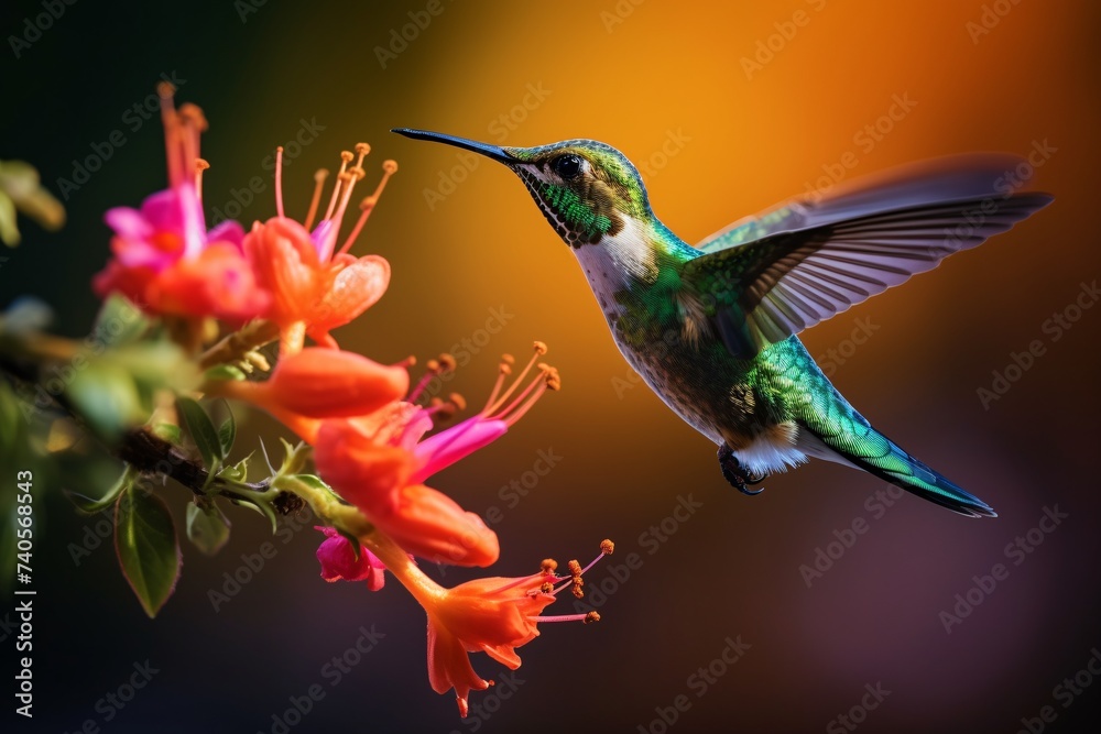 Fototapeta premium Un petit colibri butinant des fleurs colorées » IA générative
