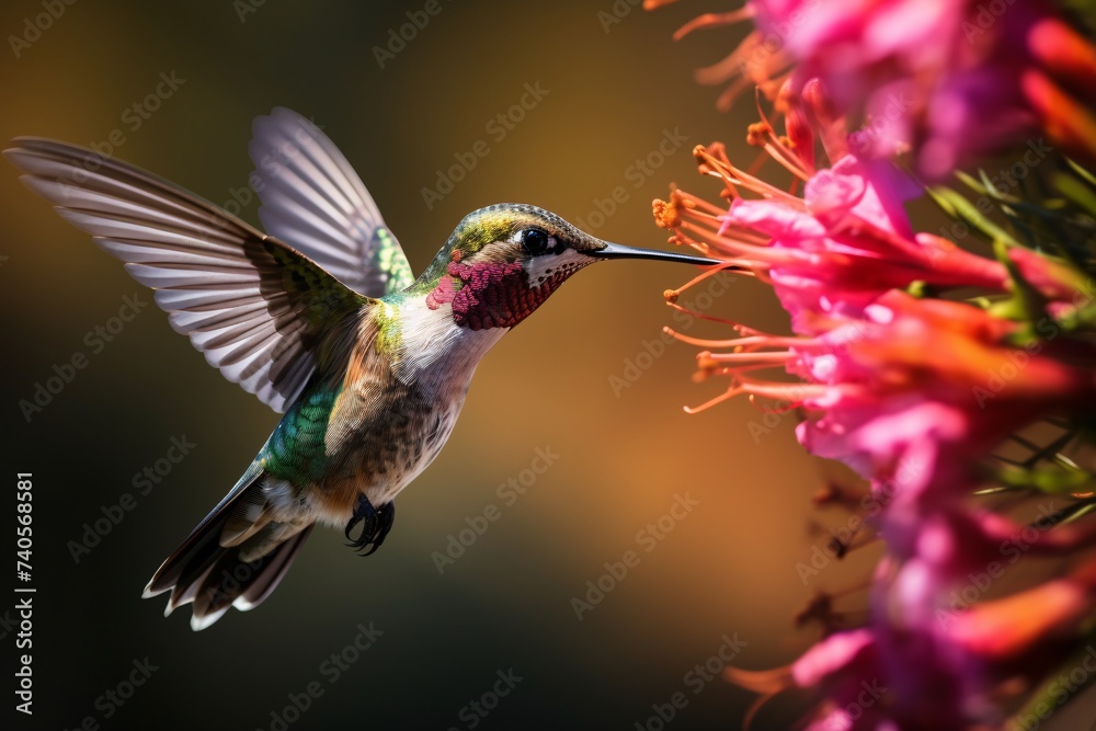 Fototapeta premium Gros plan sur un colibri butinant des fleurs roses » IA générative