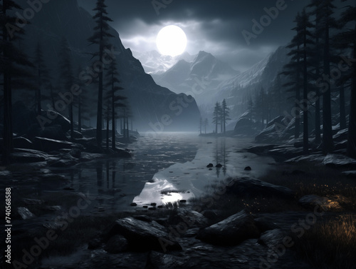Photorealistic dark northern landscape at night. Scenic view of sandinavian nature with full moon, snowy pine forest and mountain lake.