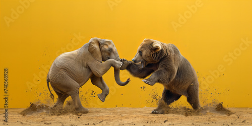 Majestic Animal Encounter: Elephant and Bear Showdown Banner Against Vibrant Golden Backdrop 