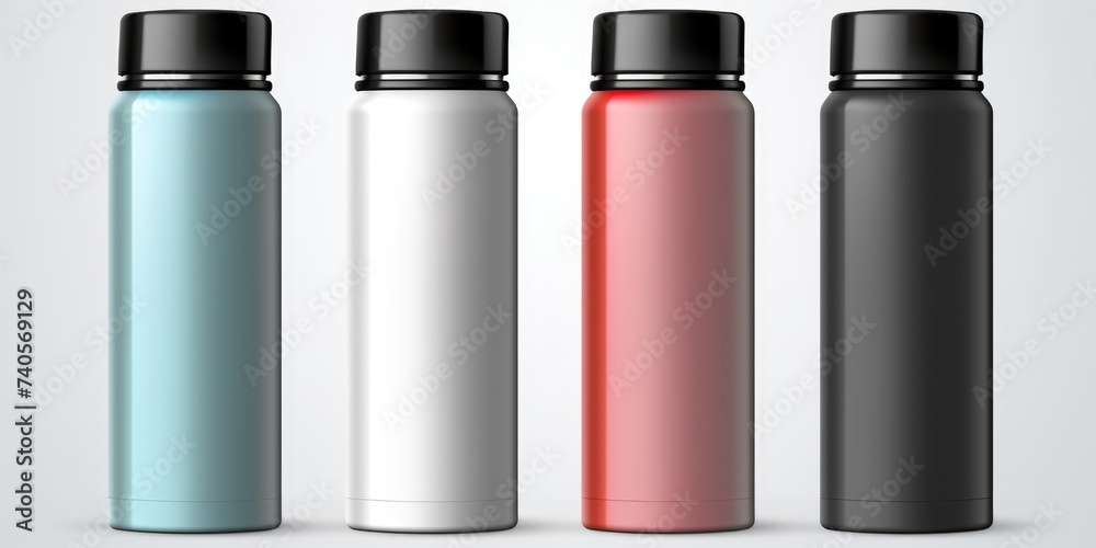 A row of four different colored water bottles. Suitable for hydration and healthy lifestyle concepts A row of four different colored water bottles. Suitable for hydration and healthy lifestyle concepts