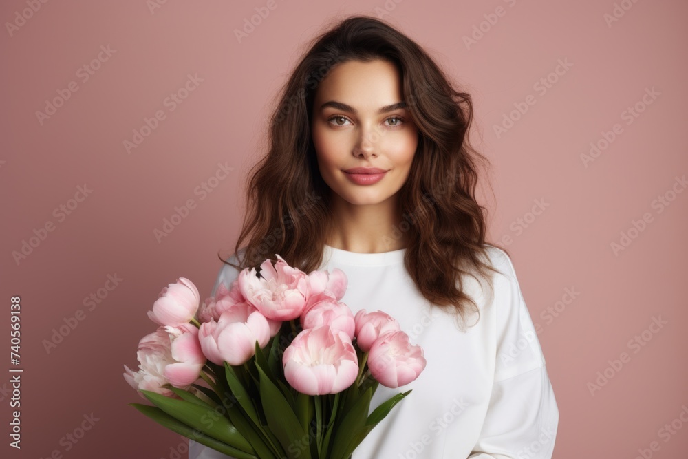 A woman holding a bunch of pink flowers. Perfect for spring-themed designs A woman holding a bunch of pink flowers. Perfect for spring-themed designs