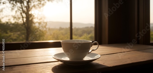 A coffee cup is placed on a wooden table in front of a window overlooking the sky