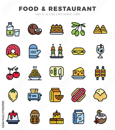 Food and Restaurant Lineal Color icons collection. Lineal Color icons pack. Vector illustration