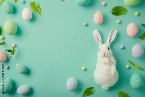 Happy Easter Eggs Basket green. Bunny hopping in flower Hope decoration. Adorable hare 3d squishy toy rabbit illustration. Holy week easter hunt religious significance card easter inspiration