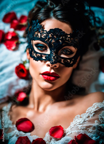 woman in bed wearing a lace mask. Selective focus.