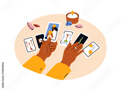 Tarot spread, divination, fortunetelling. Taro cards reader reading future, predicting, fortune telling. Fortuneteller, esoteric prediction. Flat vector illustration isolated on white background