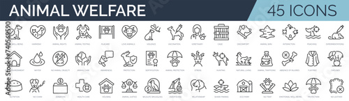Set of 45 outline icons related to animal welfare. Linear icon collection. Editable stroke. Vector illustration photo
