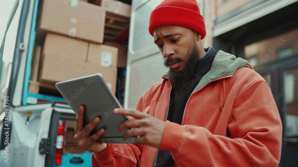 Handsome delivery man sending parcel box to customer, mail postman courier, shipment concept. Handsome delivery man sending parcel box to customer, mail postman courier, shipment concept.