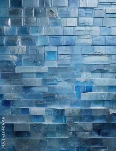 Wall of blue ice bricks and blocks background texture Generative AI