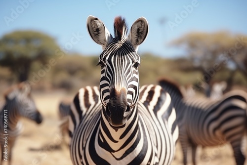 A herd of zebras standing on a dry grass covered field. Suitable for wildlife and nature concepts