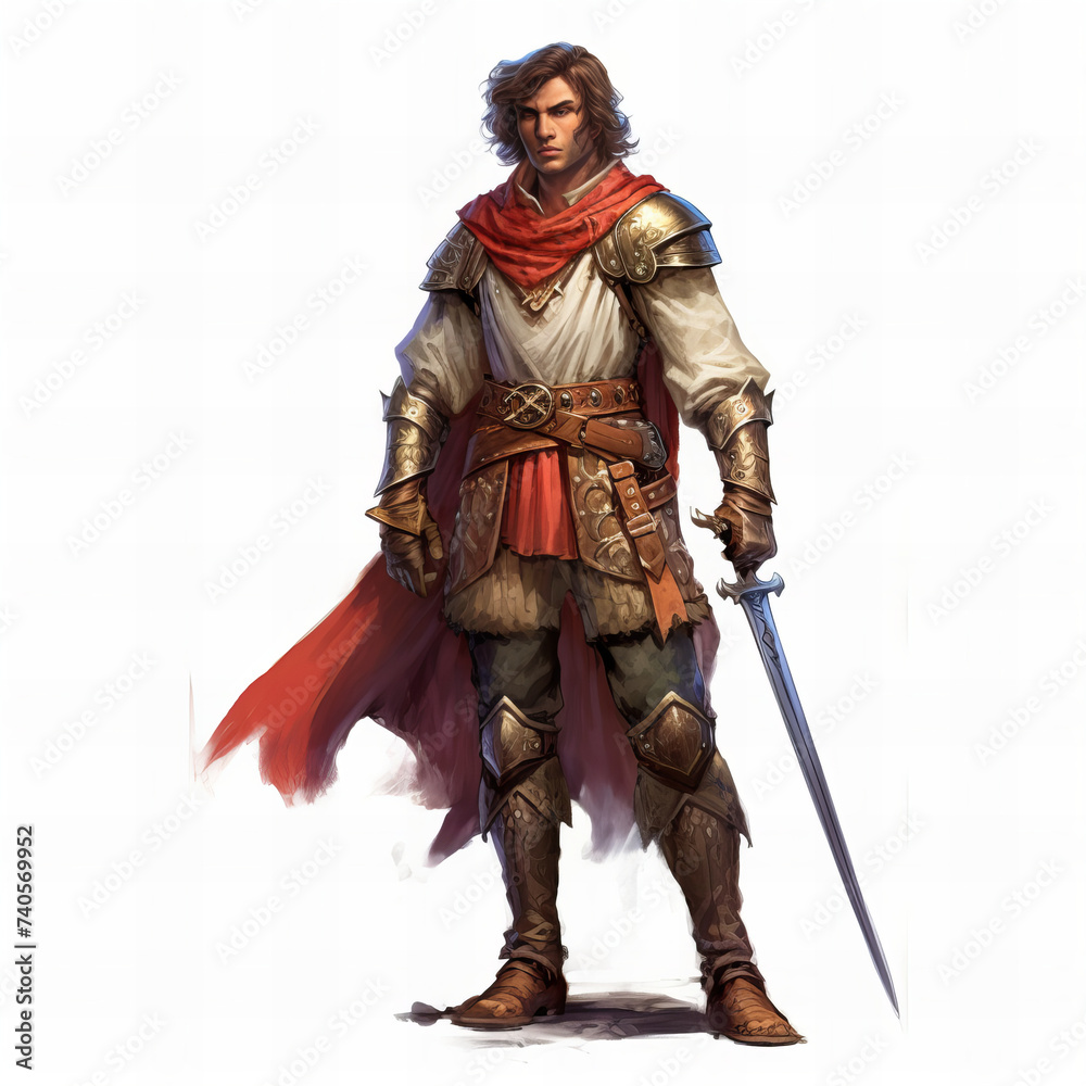 Brave Warrior with Flowing Scarlet Banner Cape Stands Ready for Epic Fantasy Adventure