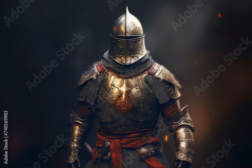 Medieval Knight in Armor: A Banner of Valor and Chivalry Against a Dark Backdrop