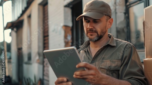 Handsome delivery man sending parcel box to customer, mail postman courier, shipment concept.