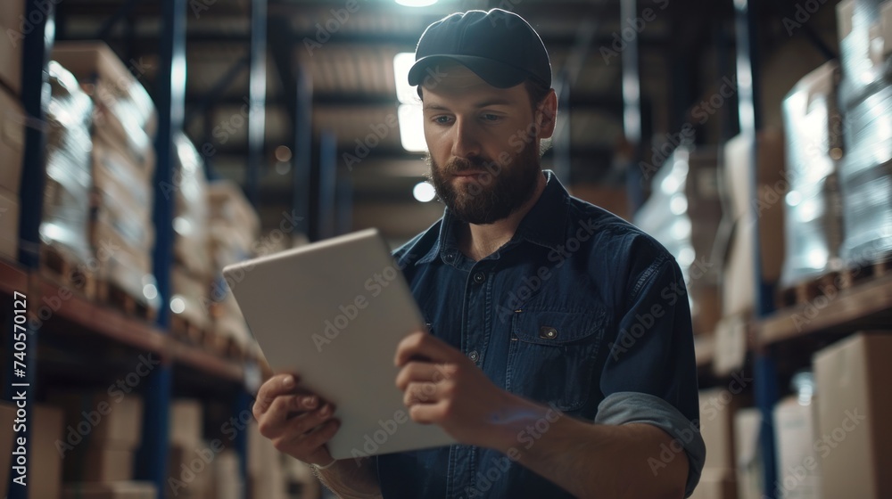 Worker man checklist goods at the warehouse. Worker man checklist goods at the warehouse.