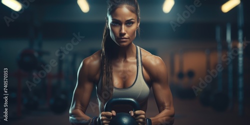 A woman holding a kettlebell in a gym, perfect for fitness and workout concepts photo