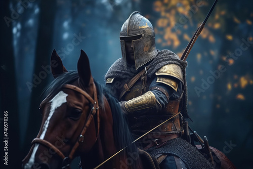 Majestic Medieval Knight on Horseback: A Banner of Valor in the Misty Forest