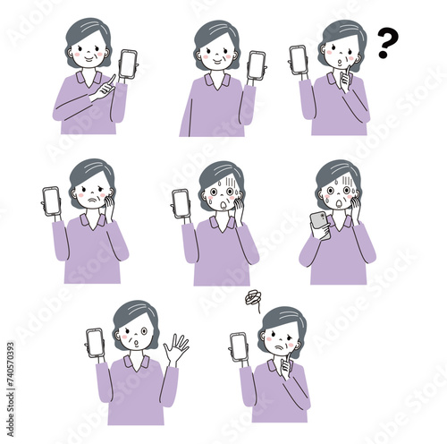 スマートフォンをもったおばあさん　いろんな表情の差分セット
