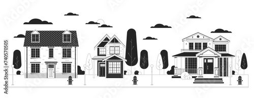 Residential suburbs black and white cartoon flat illustration. Accommodations street. Housing development. Buildings row 2D lineart object isolated. Real estate monochrome scene vector outline image