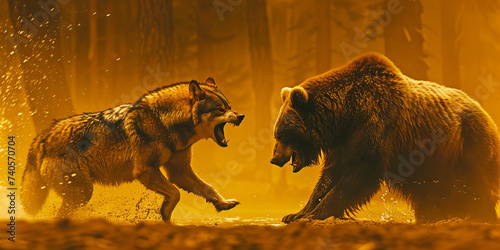 Majestic Encounter in Golden Light: Bear vs Wolf Banner of the Wild