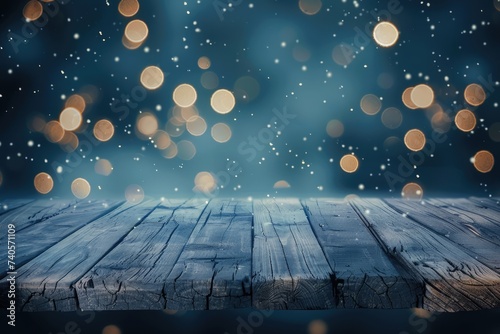 empty brown wooden floor or wood board table with blurred abstract night light bokeh background, copy space for display of product or object presentation, Generative AI 
