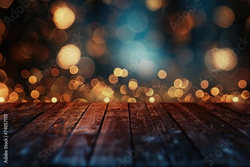 empty brown wooden floor or wood board table with blurred abstract night light bokeh background, copy space for display of product or object presentation, Generative AI 
