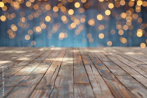 empty brown wooden floor or wood board table with blurred abstract night light bokeh background, copy space for display of product or object presentation, Generative AI 
