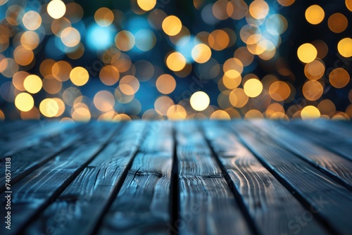 empty brown wooden floor or wood board table with blurred abstract night light bokeh background, copy space for display of product or object presentation, Generative AI 
