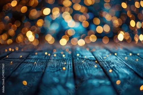 empty brown wooden floor or wood board table with blurred abstract night light bokeh background, copy space for display of product or object presentation, Generative AI 