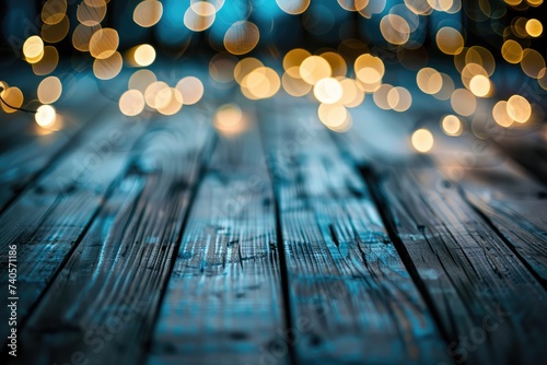 empty brown wooden floor or wood board table with blurred abstract night light bokeh background, copy space for display of product or object presentation, Generative AI 