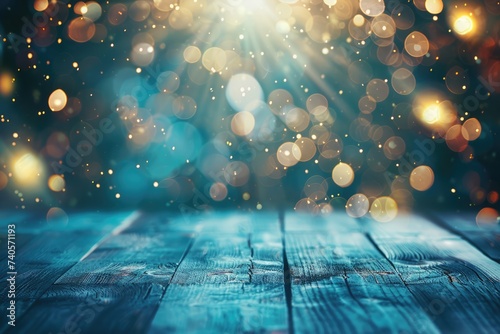 empty brown wooden floor or wood board table with blurred abstract night light bokeh background, copy space for display of product or object presentation, Generative AI 