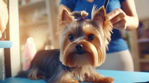 A small dog sitting on top of a blue table. Suitable for pet care websites