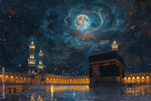vibrant depiction of a mosque bathed in the warm glow of moonlight