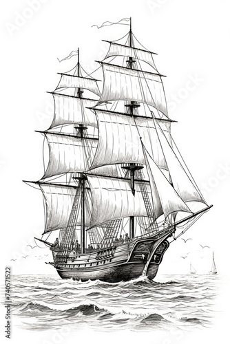 Illustration of a sailing ship on the open sea. Suitable for nautical themes