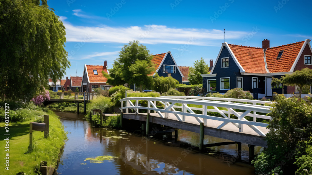 Typical Dutch village scene with wooden houses.