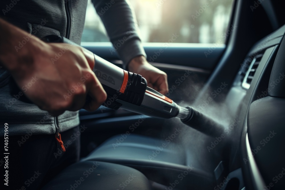 Person using a steam cleaner to clean a car. Perfect for automotive industry promotions