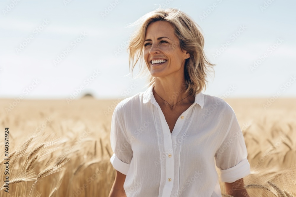 A woman standing in a beautiful wheat field, perfect for agricultural and lifestyle concepts A woman standing in a beautiful wheat field, perfect for agricultural and lifestyle concepts