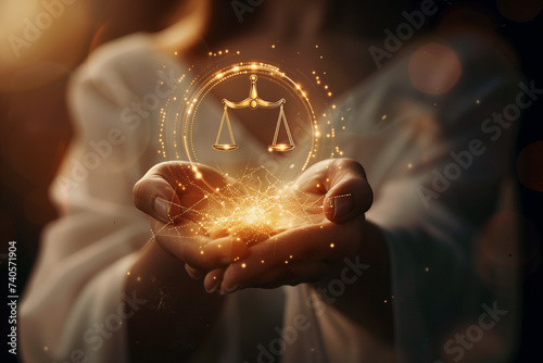 Close up image of female hands holding justice scales with sparks and bokeh effect photo