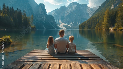 Back view photo of father sitting on a pier with his kids and looking at mountain view. photo