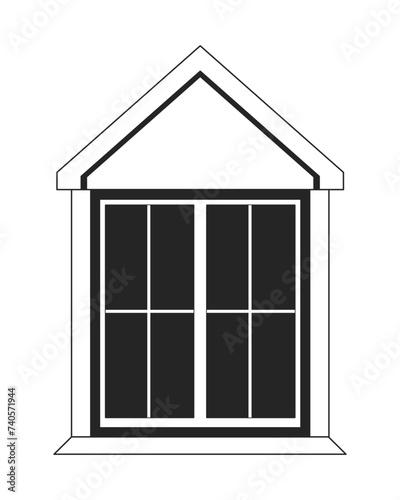 Attic window exterior black and white 2D line cartoon object. Building windowframe isolated vector outline item. Rooftop residence. Residential roofwindow outdoor monochromatic flat spot illustration photo