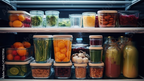 A refrigerator filled with a diverse selection of food items. Ideal for illustrating food storage or healthy eating concepts photo