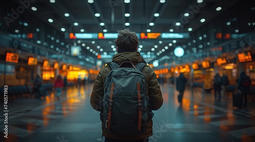 Young student standing in the airport alone. Young male student in airport terminal with backpack.