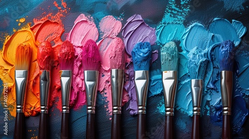 Acrylic paint in palette with paintbrushes. Closeup of paintbrushes in different colors.
